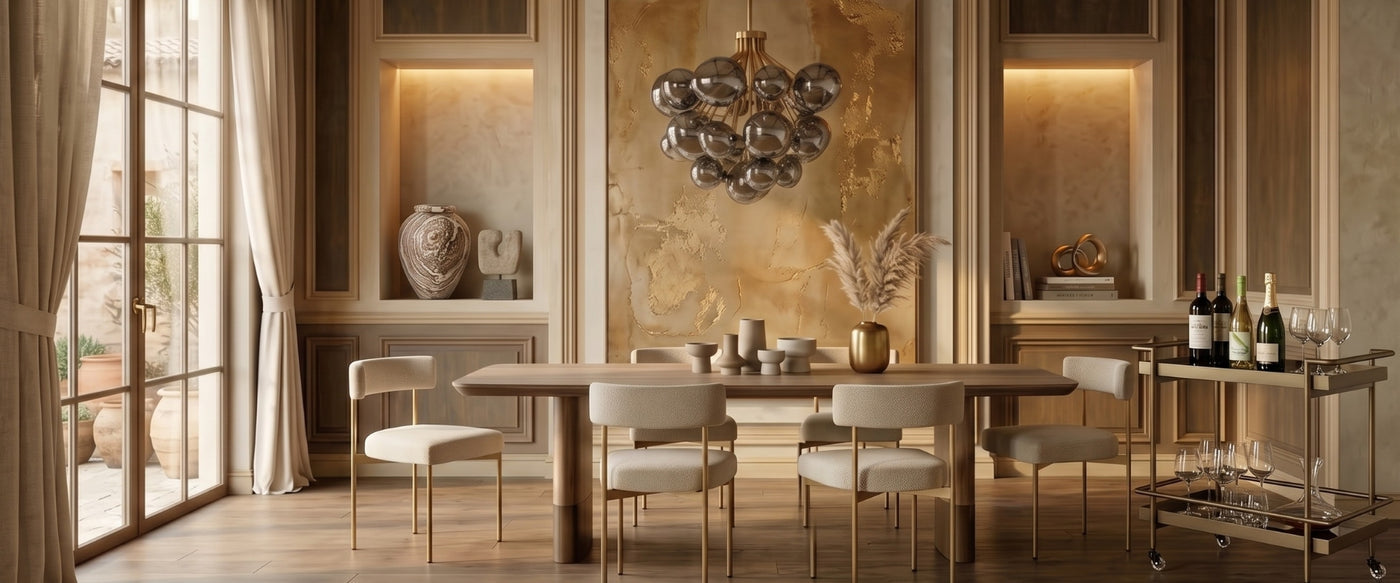 Modern Luxe dining room featuring elegant OROA furnishings with sculptural details and premium finishes.