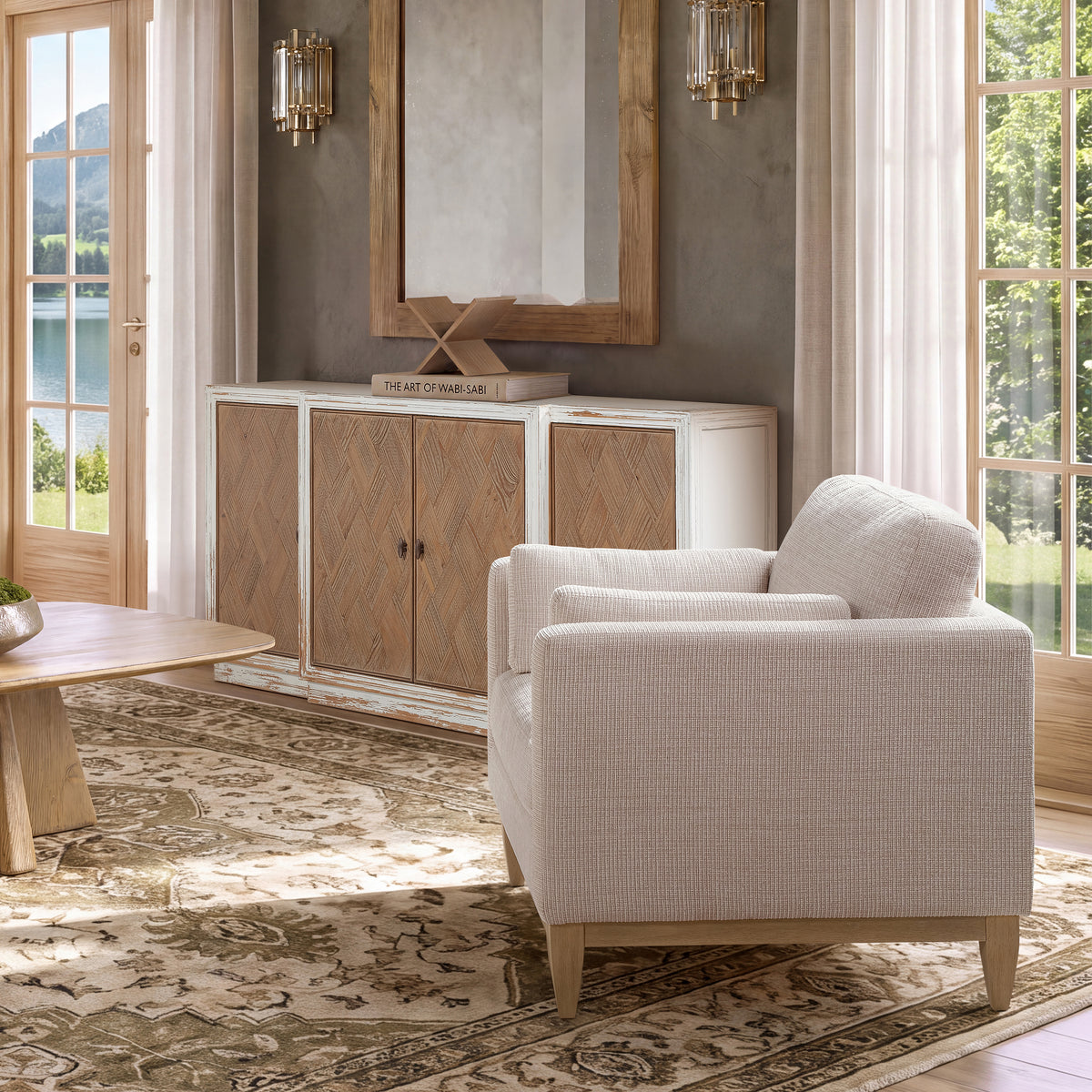 Knox Modern Farmhouse Arm Chair, Light Beige Chenille with Pinewood Frame - OROA Online Furniture