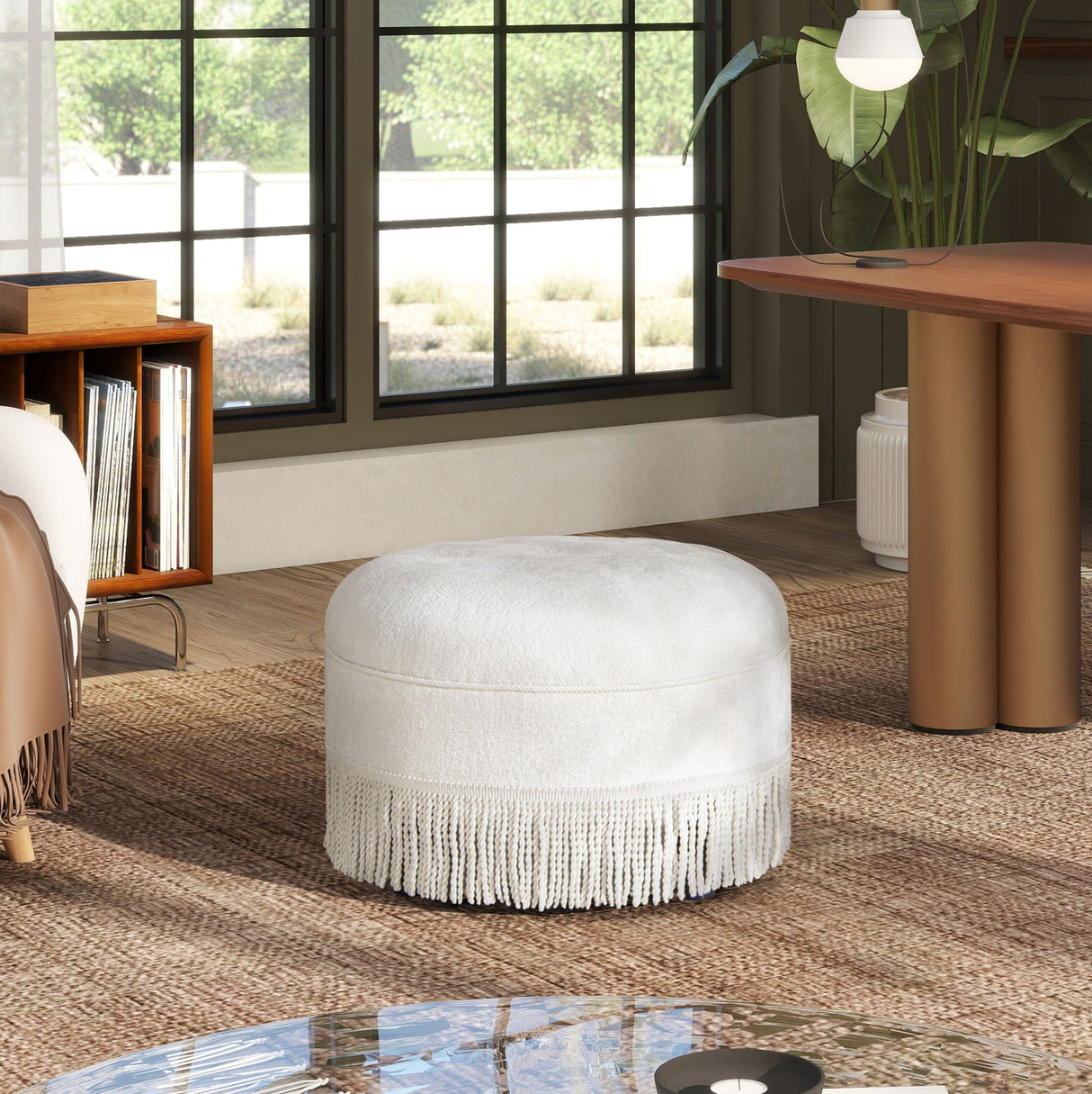 Round Upholstered Accent Ottoman - Almond White