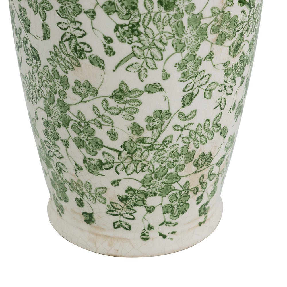 White Ceramic Flower Vase with Green Floral Pattern - OROA