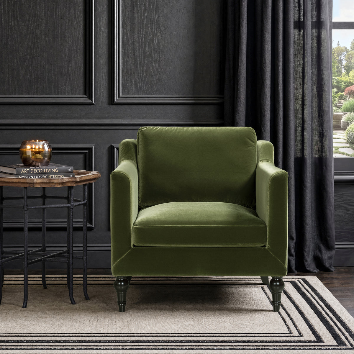 Josephine Upholstered Accent Chair with Wooden Legs, Olive Green Performance Velvet - OROA Online Furniture