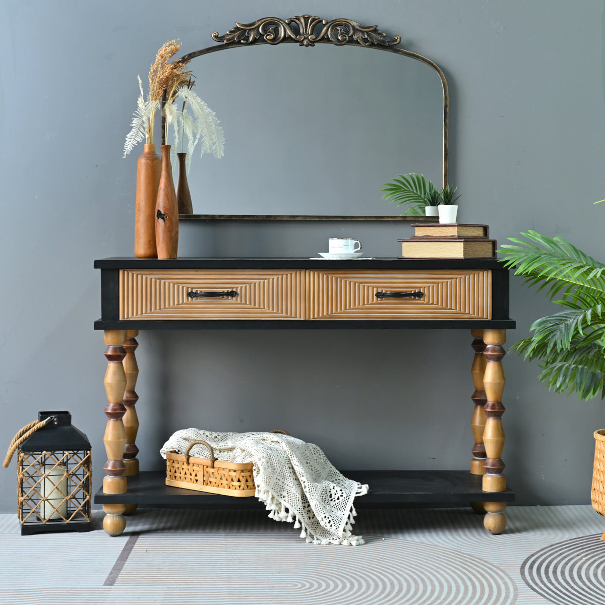 Rustic Solid Wooden Carved Console Table | Maison Naturelle