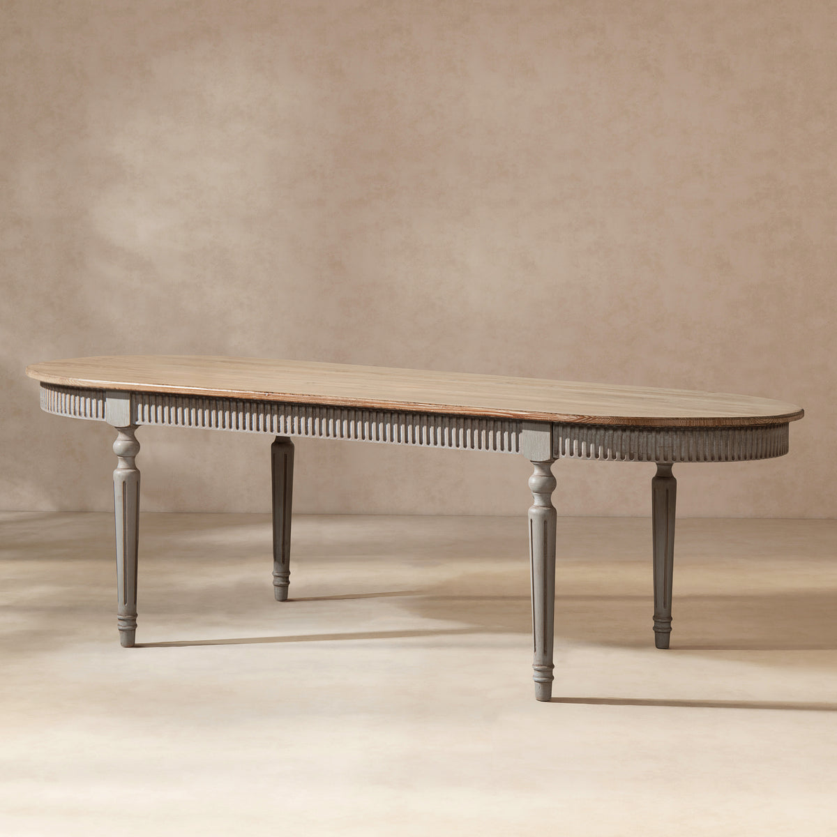 Colette Reclaimed Pine Oval Dining Table, Antique Natural Brown Top and Blue-Grey Base - OROA Modern Furniture