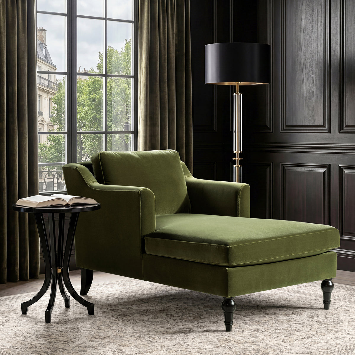 Josephine Upholstered Chaise Lounge, Olive Green Performance Velvet - OROA Modern Furniture