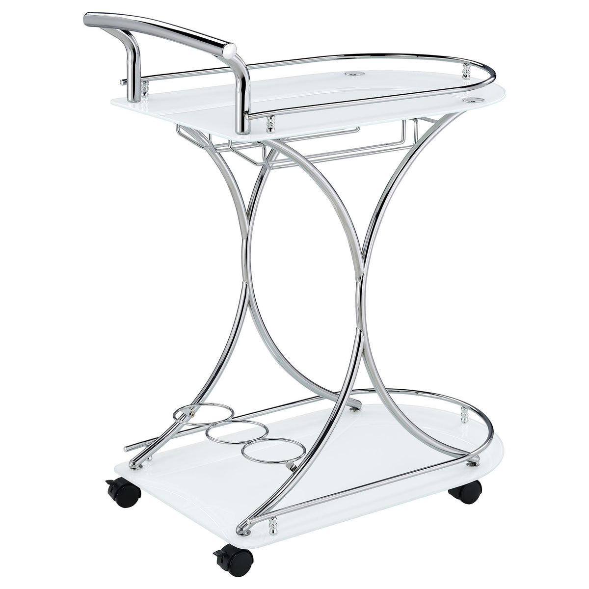 Allen 2-Tier Glass Shelf Bar Cart with Stemware and Wine Rack, White and Chrome Metal - OROA Modern Furniture