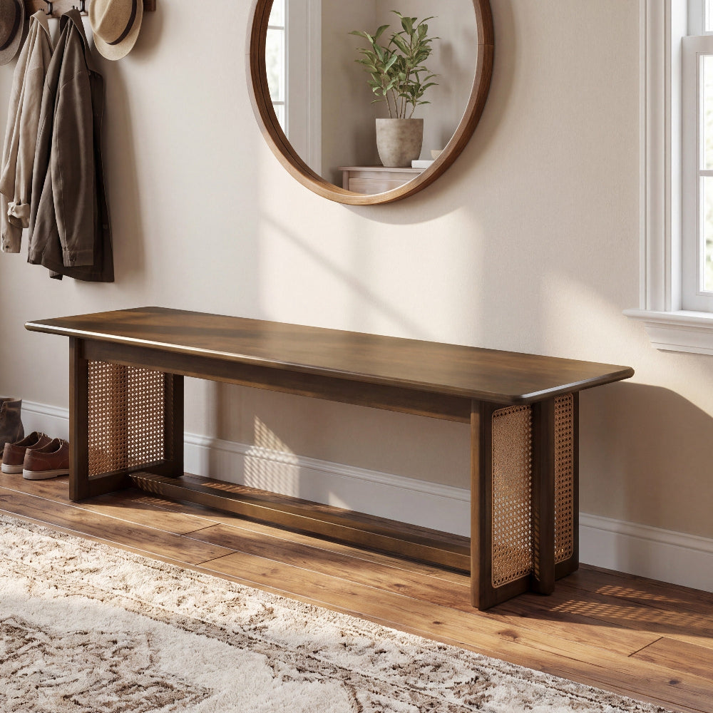 Walnut and Rattan Dining Bench
