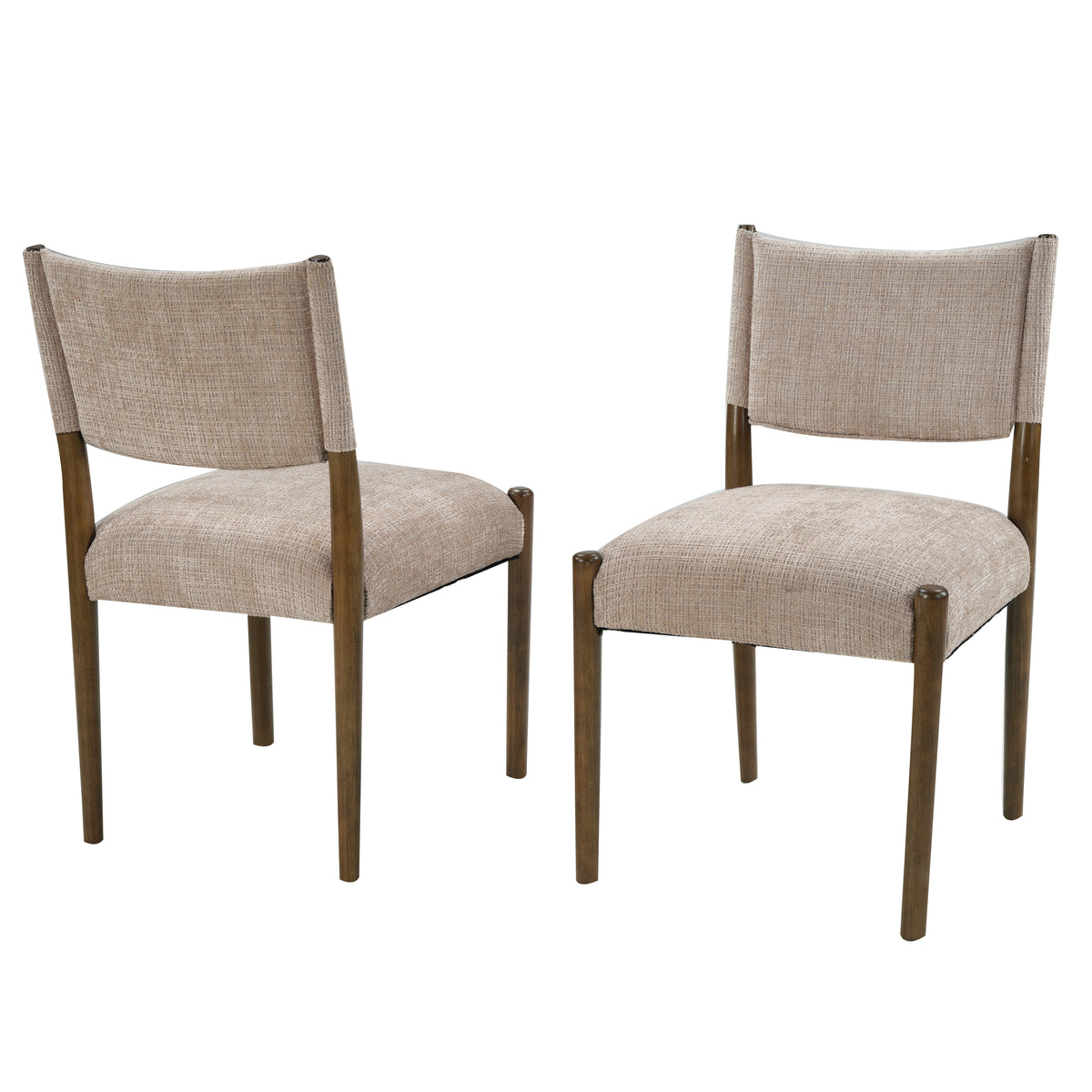 Upholstered dining chair with walnut-finish legs — two chairs in three-quarter view