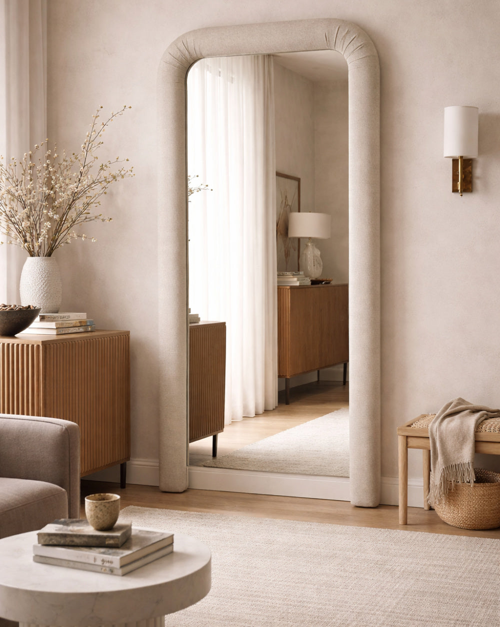 Modern European furniture - Ruched Upholstered Floor Mirror - www.oroa.com