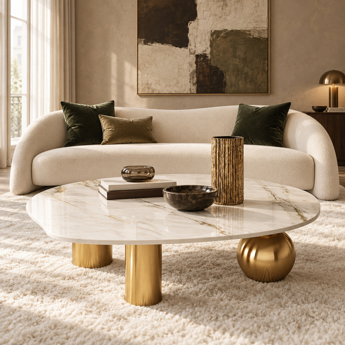 A modern living room scene featuring a round white marble coffee table with gold metallic legs, styled in front of a curved cream sofa with dark green and beige velvet pillows.