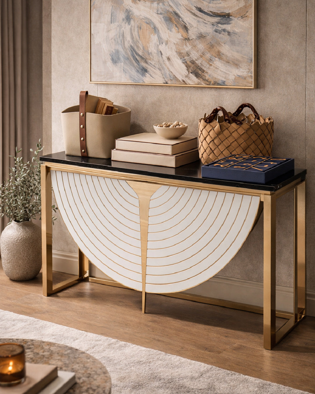 gold and white console table - www.oroa.com