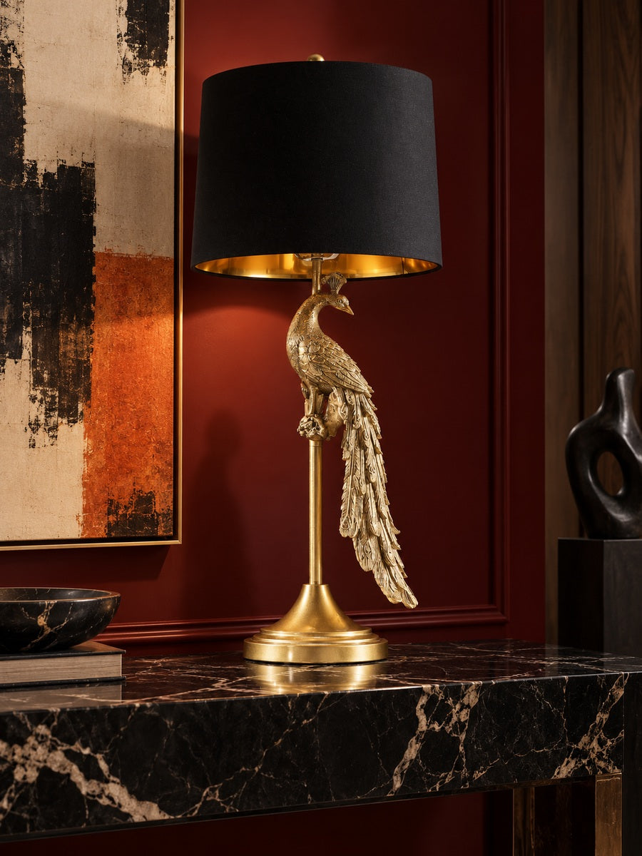 Golden Peacock Table Lamp with Black Shade | Catchy