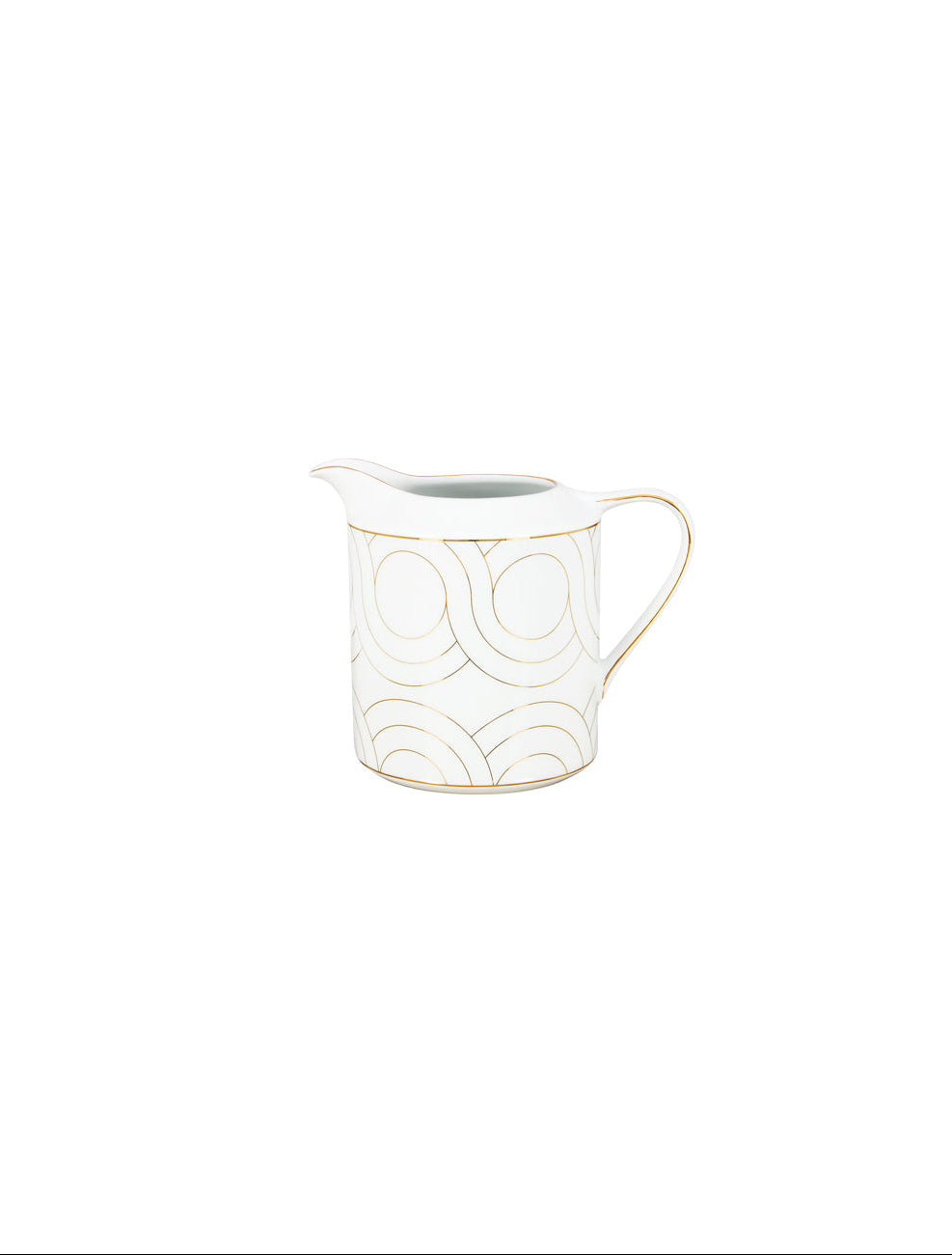 White ceramic creamer with gold accents on a white background