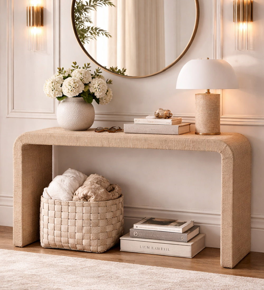 Modern European furniture - Woven Jute Japandi Console Table - www.oroa.com