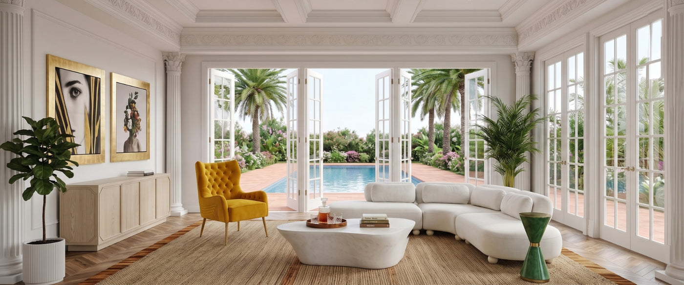 Miami Art Deco living room by OROA featuring geometric furnishings, bold accents, and polished finishes.