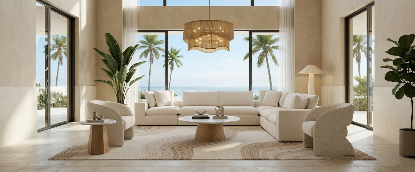Coastal Living living room by OROA featuring light-toned furnishings, layered textures, and breezy coastal-inspired design.