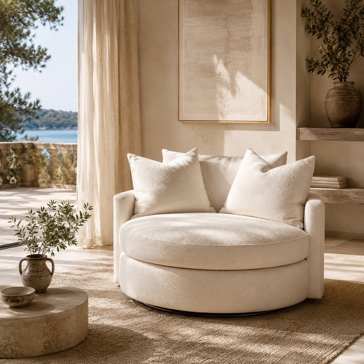 Modern European furniture - White Boucle Round Swivel Chair - www.oroa.com