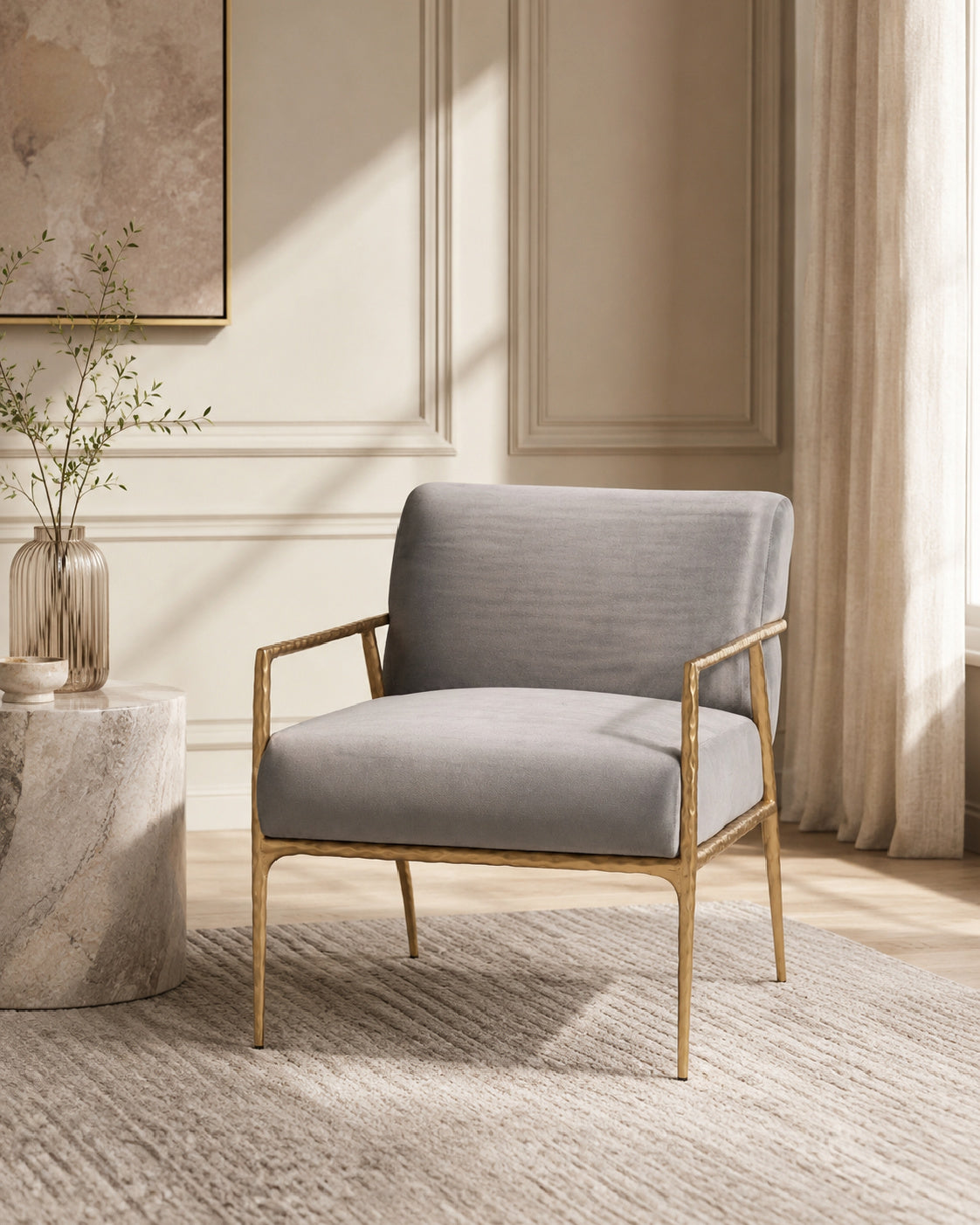 Gray Velvet Lounge Chair – Ilmari – angled view