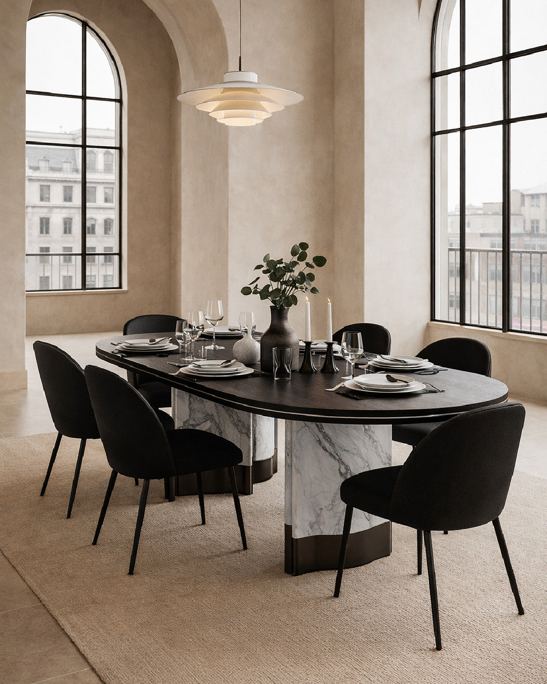 Oval Black Oak Dining Table – Renfew – angled view