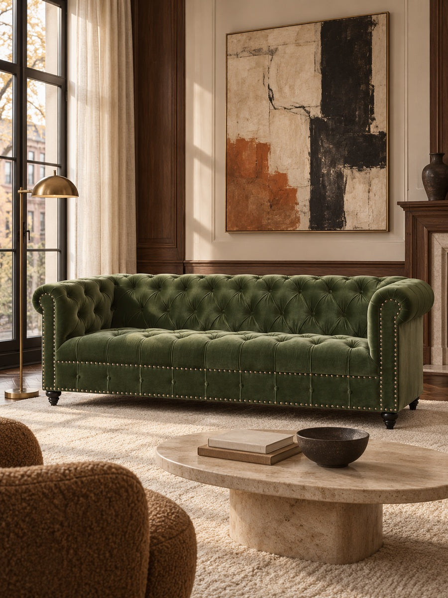 Green Velvet Sofa with Antique Brass Nailheads | OROA
