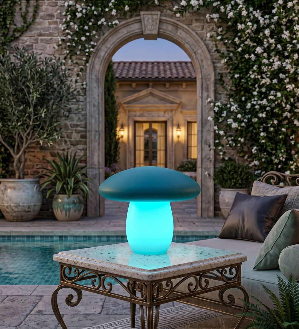 White Mushroom-Inspired Outdoor Table Lamp – Summerfest – lifestyle setting