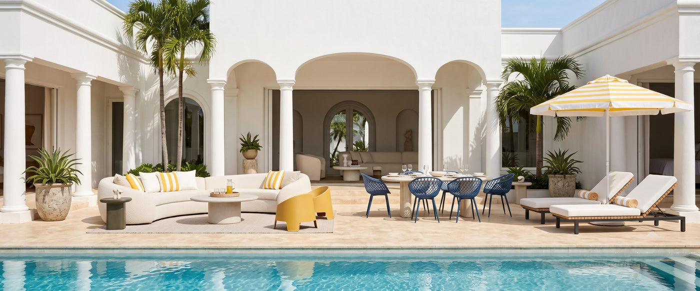 Miami Art Deco outdoor space featuring OROA furniture with geometric lines and refined materials.