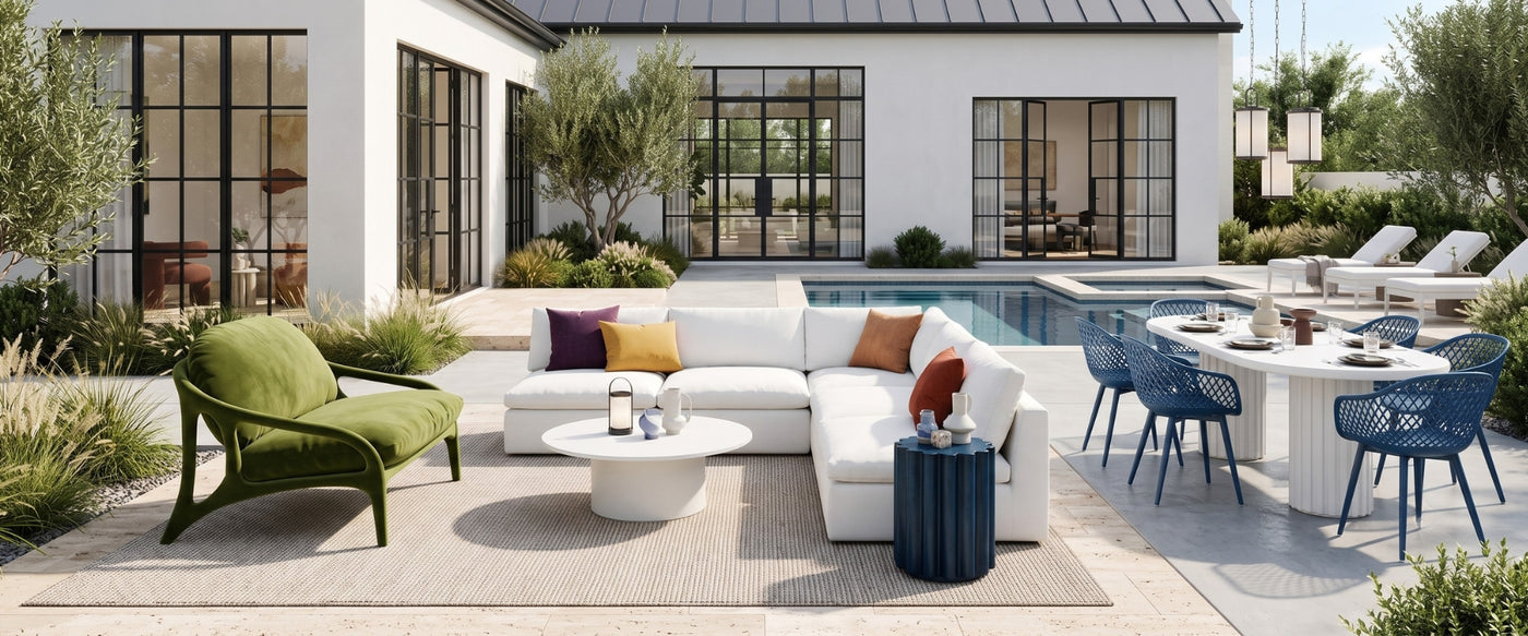 Modern Eclectic outdoor living space featuring OROA furniture with sculptural forms and vibrant styling.