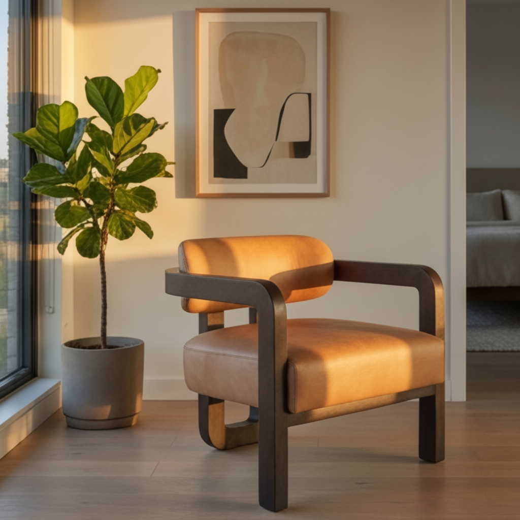 Brown Leather 3-Legged Lounge Chair by Splendido Madrone Accent Chair, alternate view 16