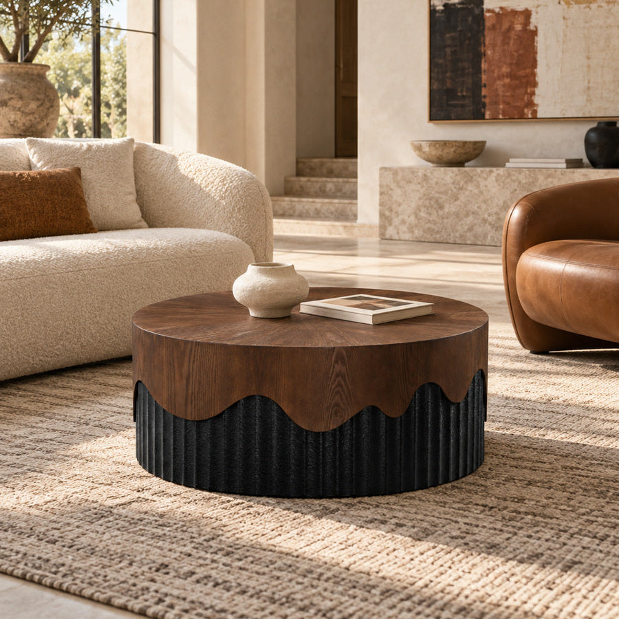 Walnut and Black Round Coffee Table - Catchy
