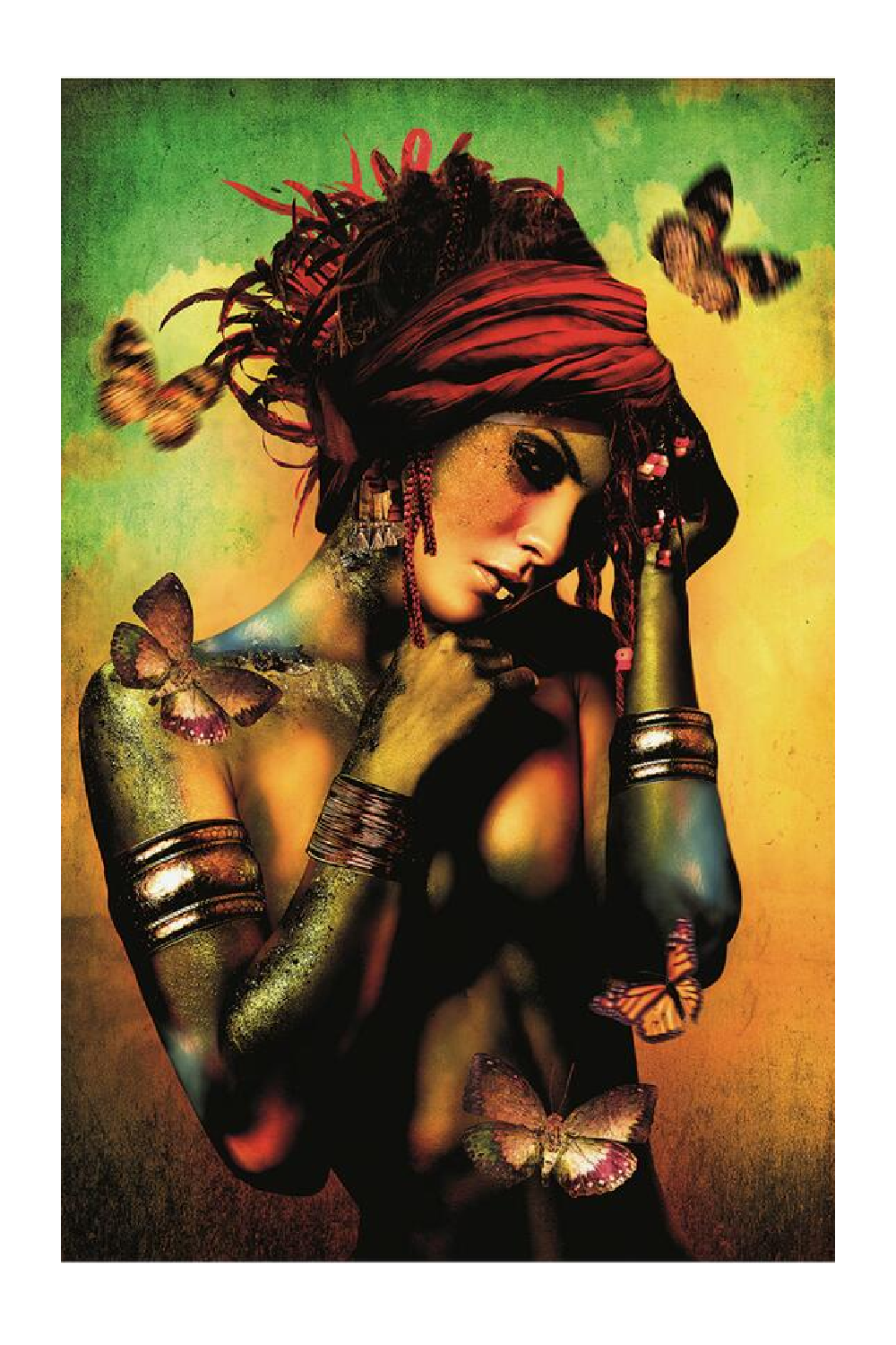 Metallic Woman with Turban Artwork | Andrew Martin Butterfly Kiss Portrait | Oroa.com