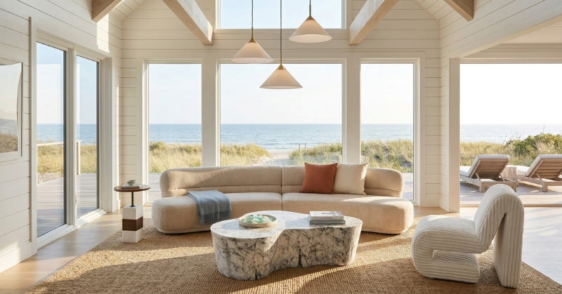   Curved sofa and marble coffee table in light-filled spring 2026 interior. | Oroa.com