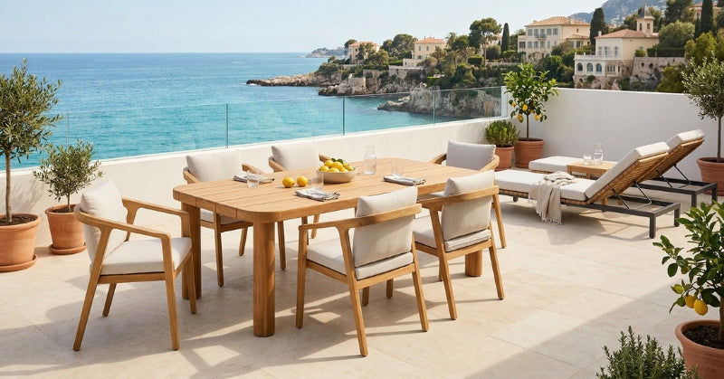   Outdoor teak furniture setup by OROA showcasing durable materials. | Oroa.com