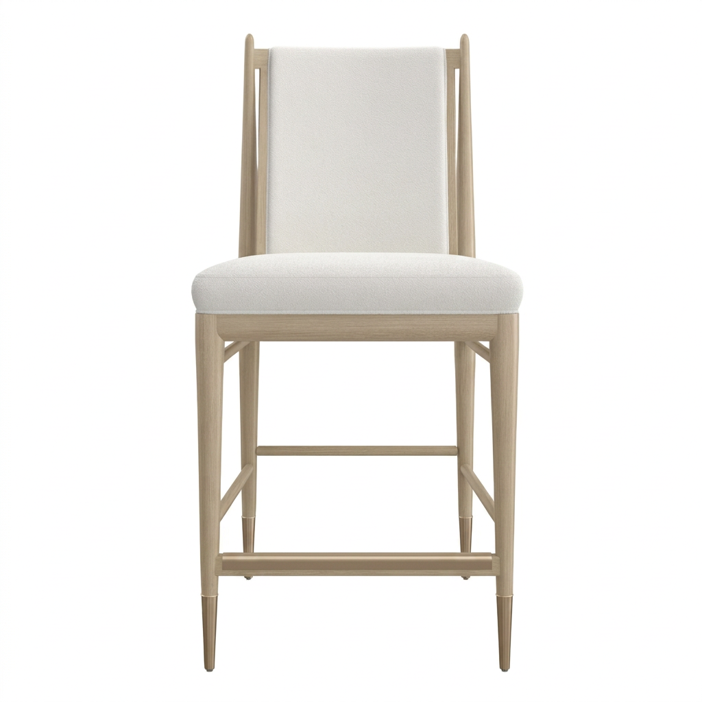 Caracole Unity ivory bouclé counter stool with an upholstered back and wood frame