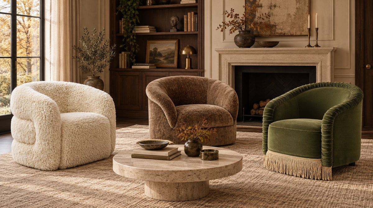Cozy modern accent chairs in cream, brown and olive green styled for fall