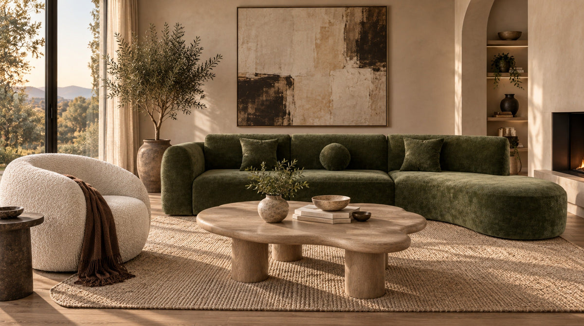 Green curved sectional sofa, rounded cream chair and organic-shaped wood coffee table in a warm modern living room