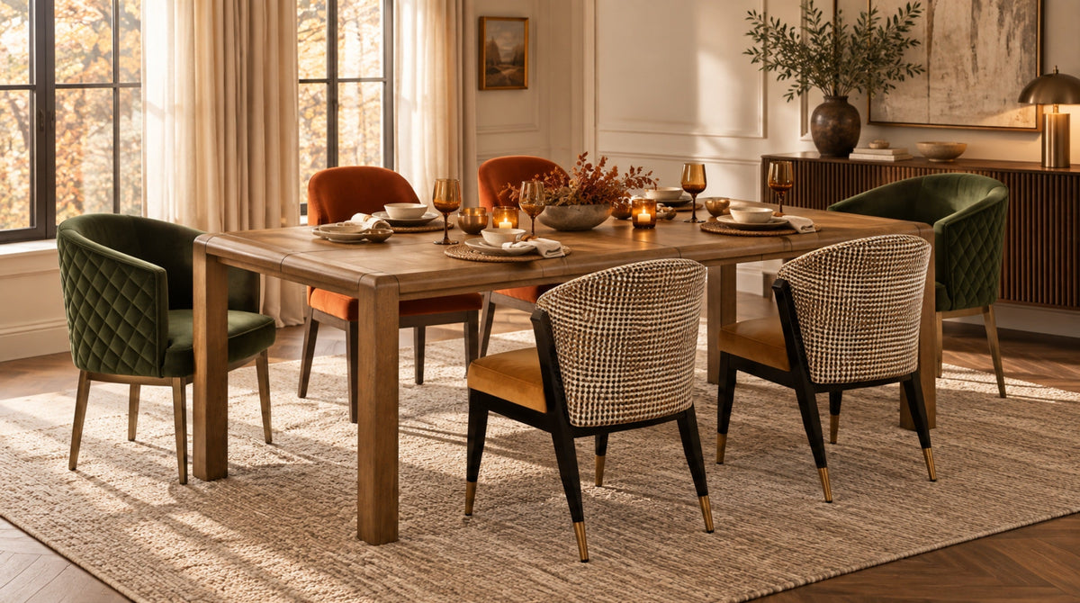 Elegant fall dining setting with a wooden table, velvet dining chairs and warm table accents