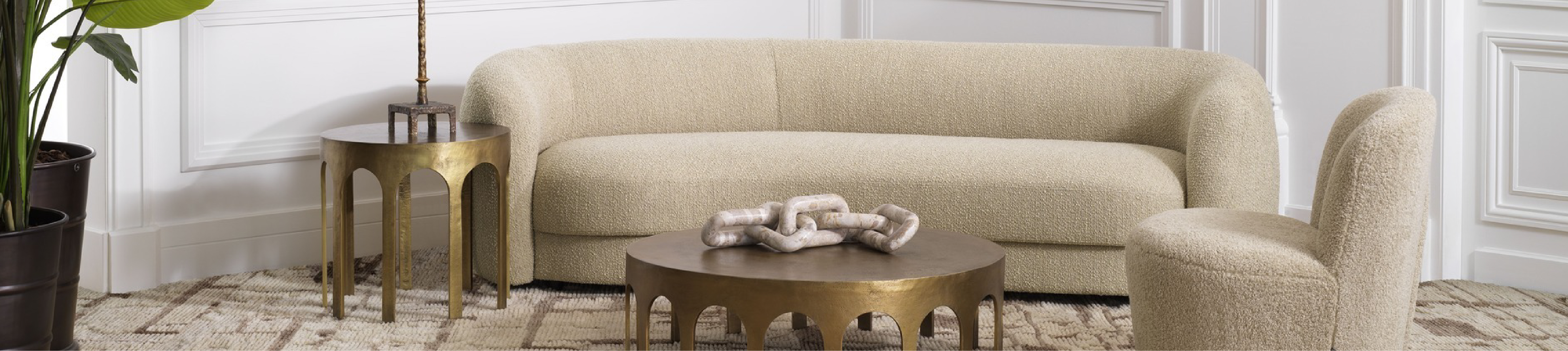 curved bouclé beige sofa | curved bouclé beige chair