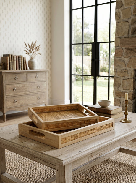 Brown Woven Rattan Trays with Handles — pair on a living-room coffee table