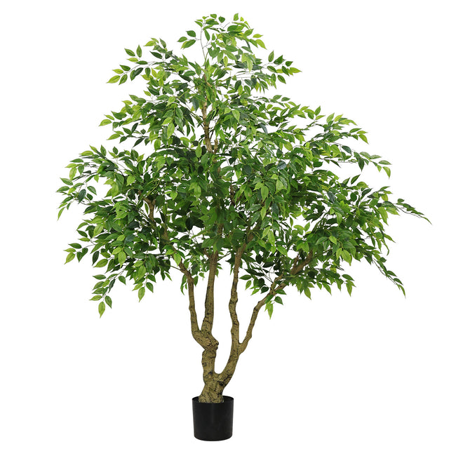 Artificial potted tree with green leaves on a white background
