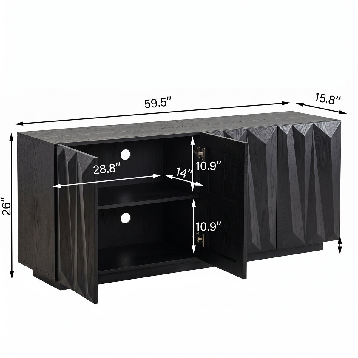 Black Geometric Four-Door Sideboard — dimension and storage diagram