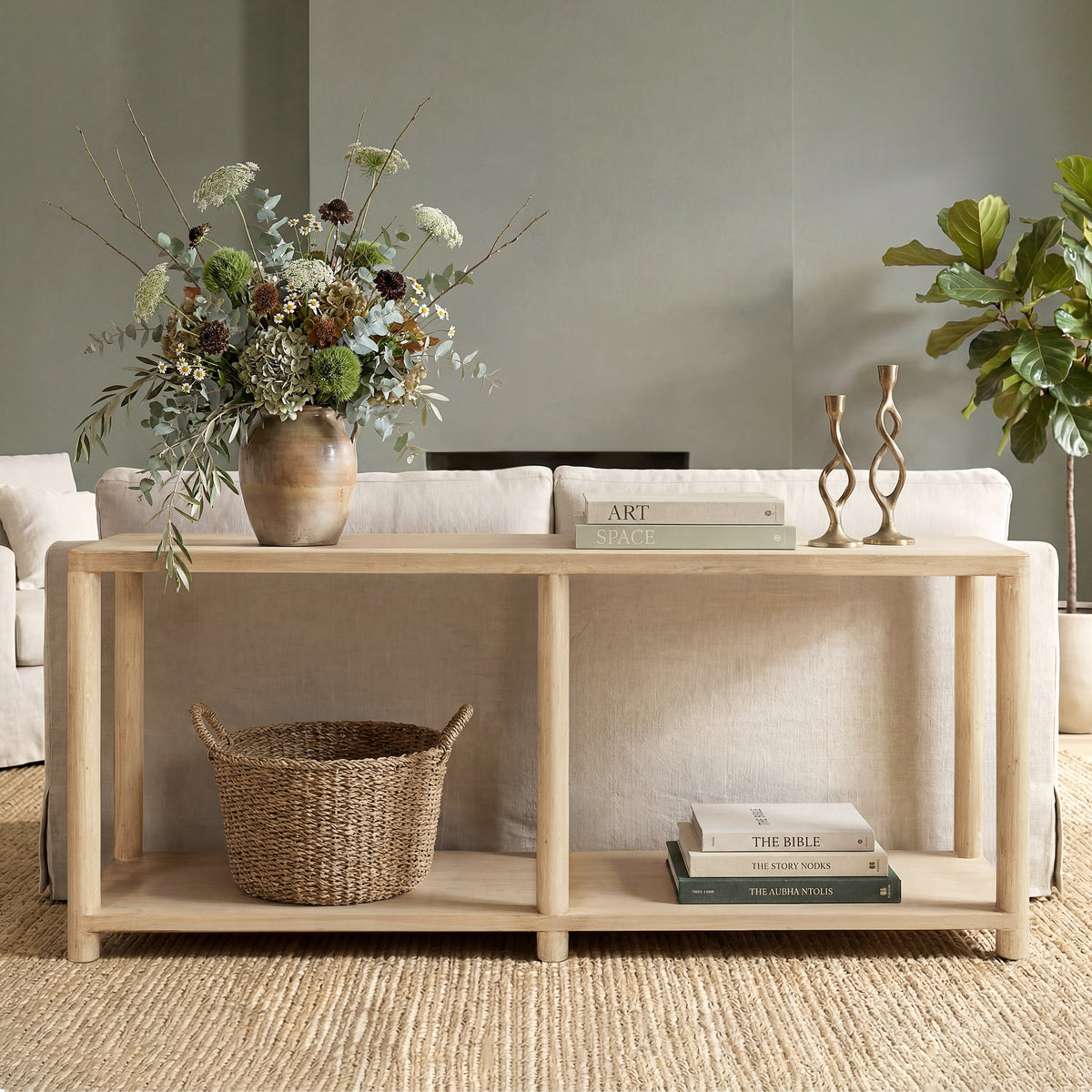 Milo Cerused Reclaimed Pine Console Table with Lower Shelf, Light Natural - OROA Online Furniture