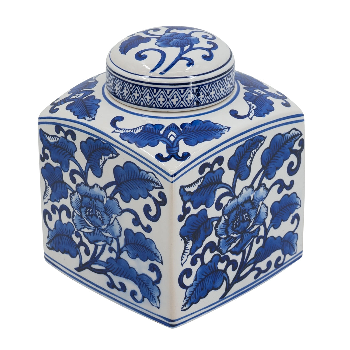 Hand Painted Square Canister - Blue/White Floral Pattern - OROA