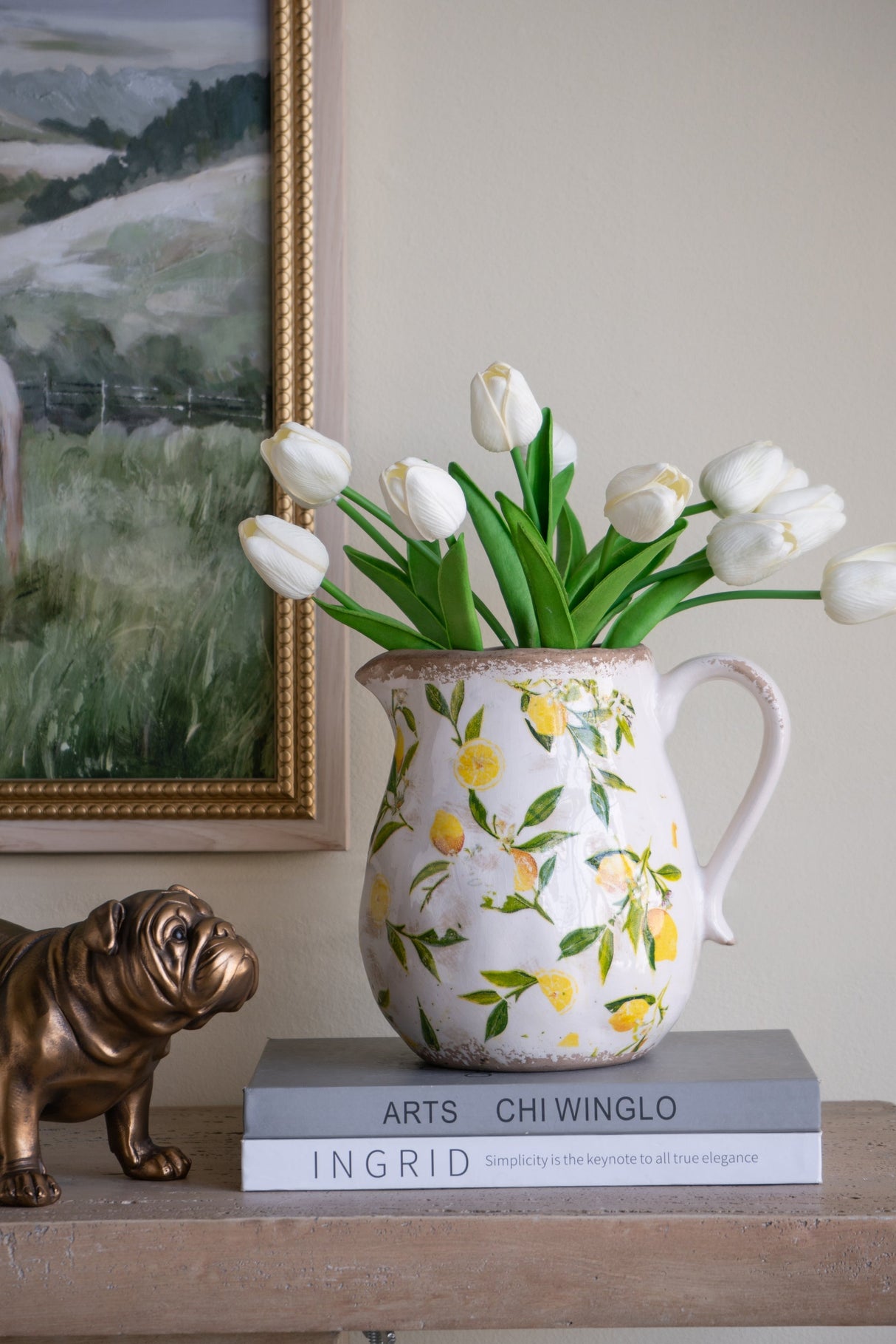 White Ceramic Pitcher Vase with Lemon Motif - OROA
