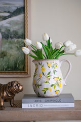 White Ceramic Pitcher Vase with Lemon Motif - OROA