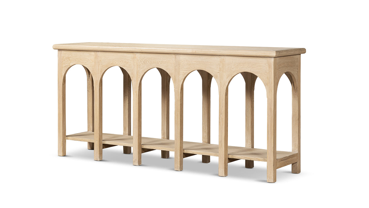 Natural Reclaimed Elm Console Table with Arched Base — opposite three-quarter view