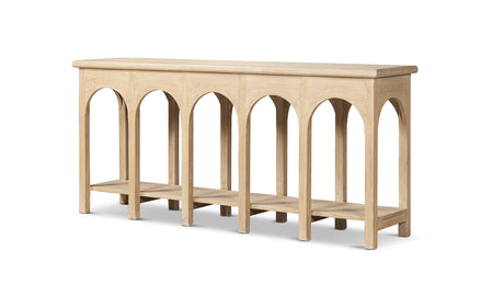Natural Reclaimed Elm Console Table with Arched Base — opposite three-quarter view