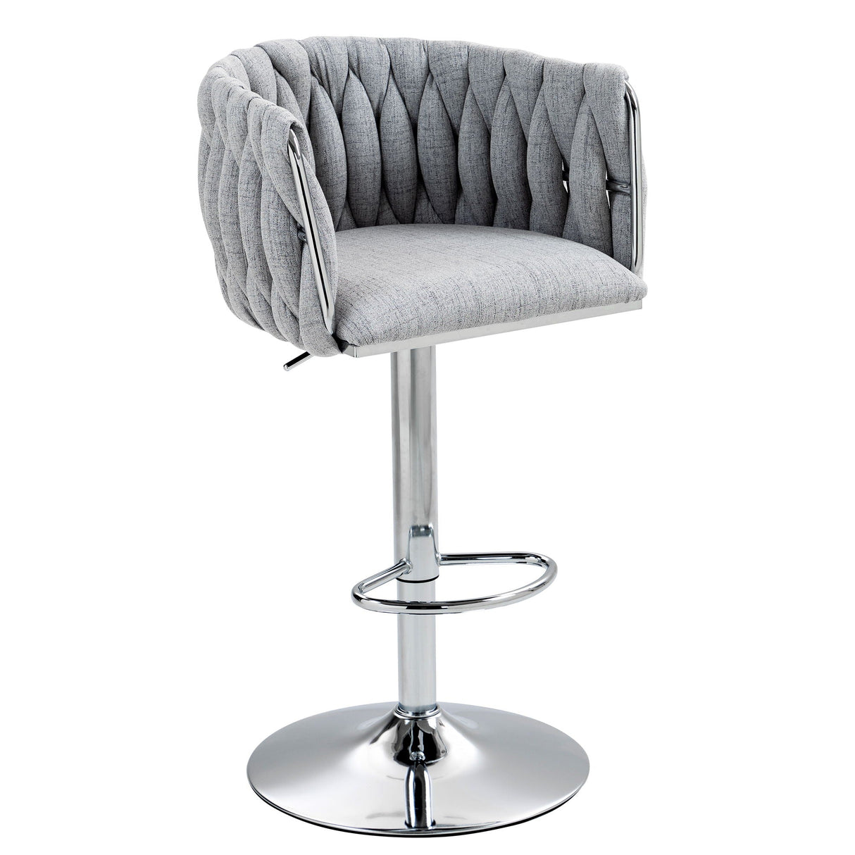 Gray tufted bar stool with chrome base on a white background