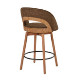 Dark brown upholstered counter stool with wood legs — rear three-quarter view