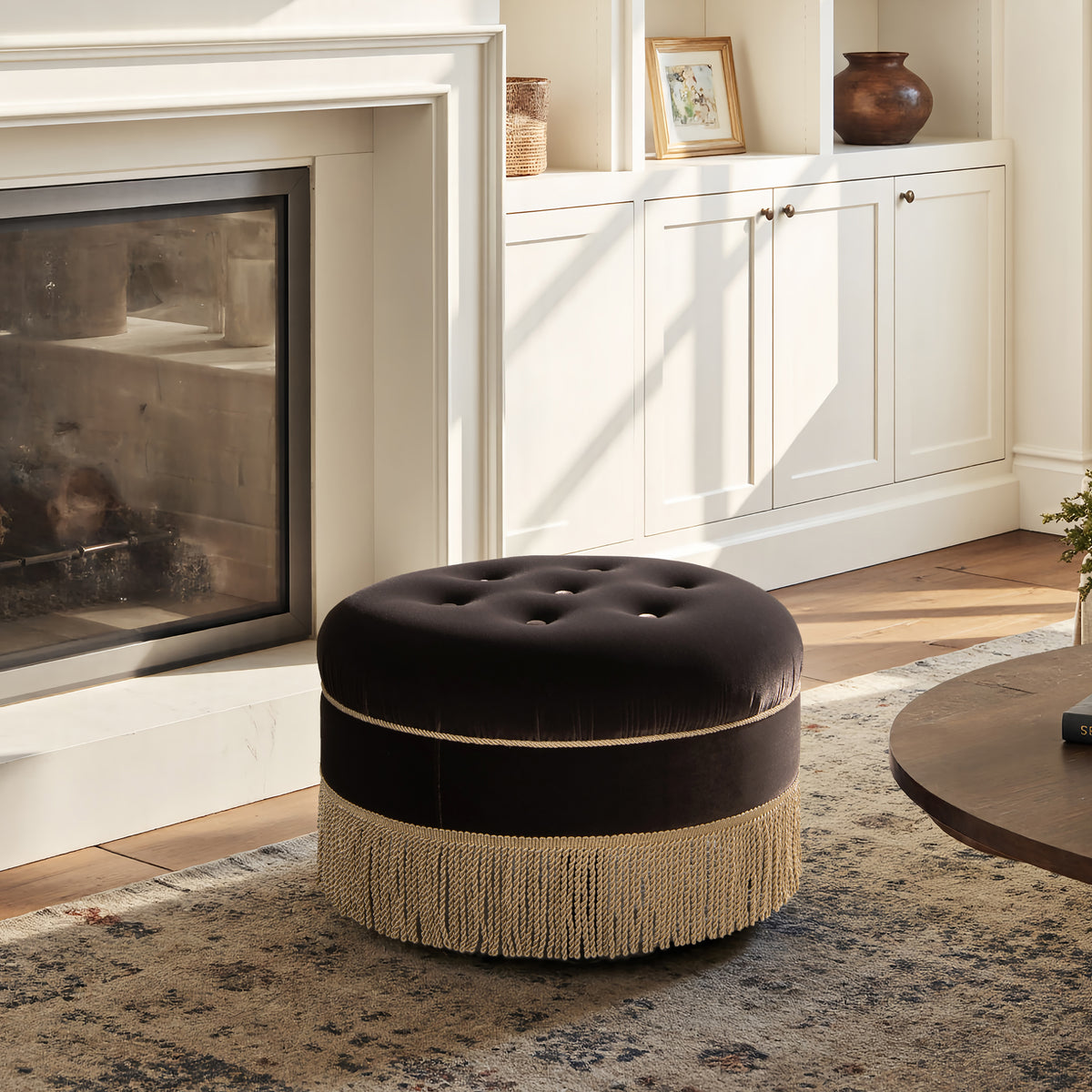 Yolanda Round Upholstered Accent Ottoman, Deep Brown Performance Velvet - OROA Online Furniture