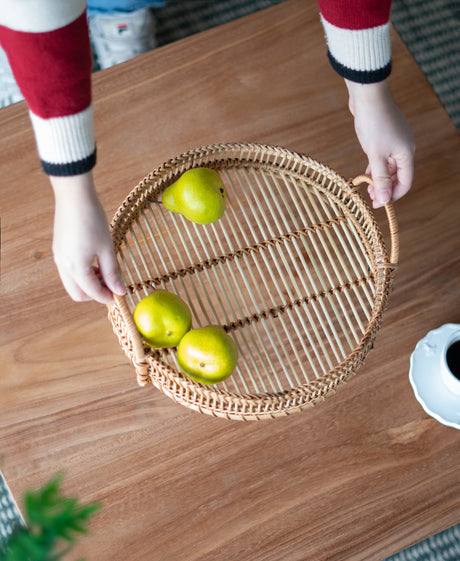 Round Decorative Brown Bamboo Woven Trays with Handles (S/3)