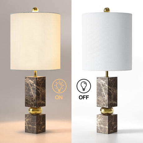 Brown Marble and Gold Metal Table Lamp — light switched on and off